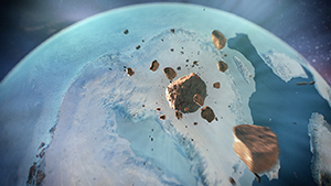 Computer visualization of fragments falling earthward, the impact creating Hiawatha Crater in Greenland.