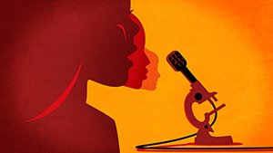 Illustration showing women speaking into a microphone.