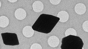 Black microcrystals rest on a surface dotted with holes 1 micron in diameter.